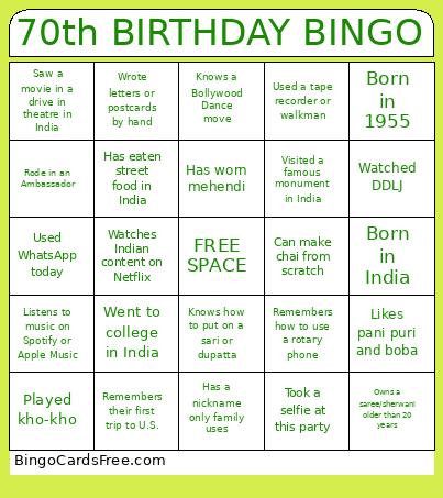 70th BIRTHDAY BINGO