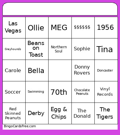 70th Birthday Bingo Card