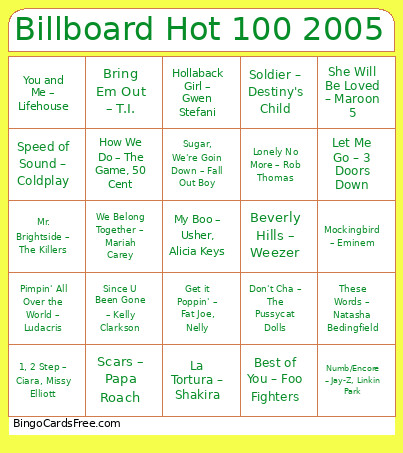 72. Billboard Hot 100 2005 Bingo Card