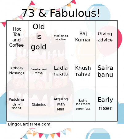 73 & Fabulous! Bingo Card