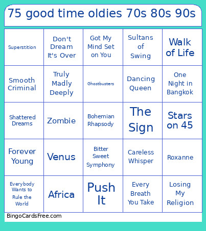 75 Good Time Oldies 70s 80s 90s Bingo Card