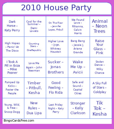 76. 2010s House Party Bingo Card