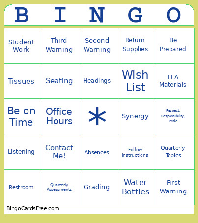 7th Grade ELA With Mrs. Vadnais Bingo Card