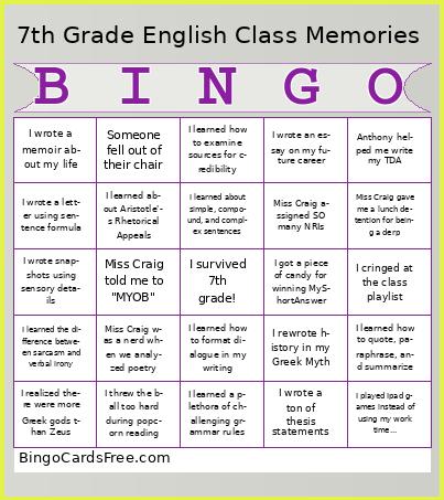 7th Grade English Class Memories Bingo