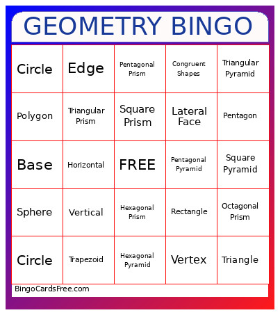 7th Grade Geometry Binog Bingo Card