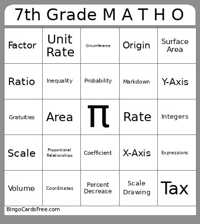 7th Grade M A T H O Bingo Card