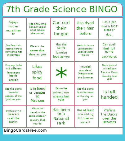 7th Grade Science Welcome Bingo Card