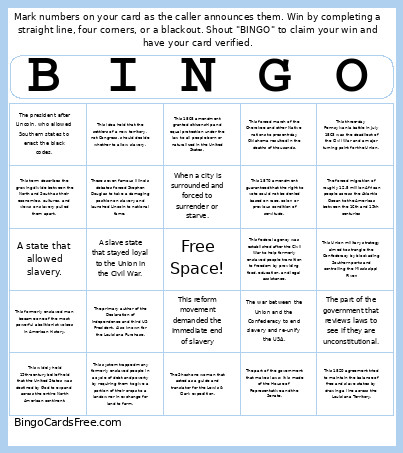 7th Grade US History Review Bingo Card