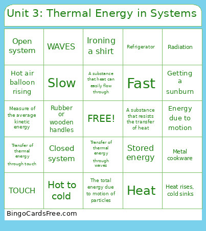7th Science: Thermal Energy Transfer Bingo Card