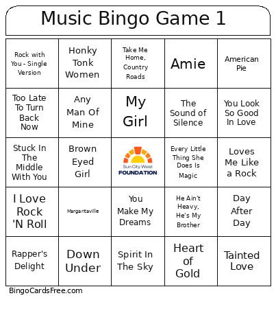 8/20 Music Game 1 Bingo Card