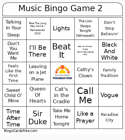 8/20 Music Game 2 Bingo Card
