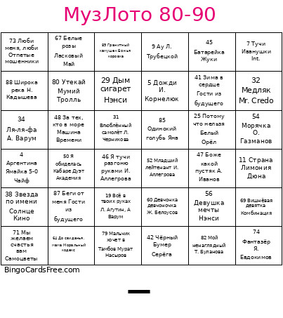 МузЛото 80-90 Bingo Card