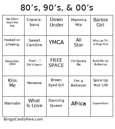 80’s, 90’s, & 00’s Bingo