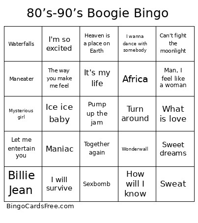 80’s-90’s Boogie Bingo Card