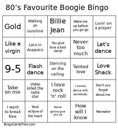 80’s Favourite Boogie Bingo Card