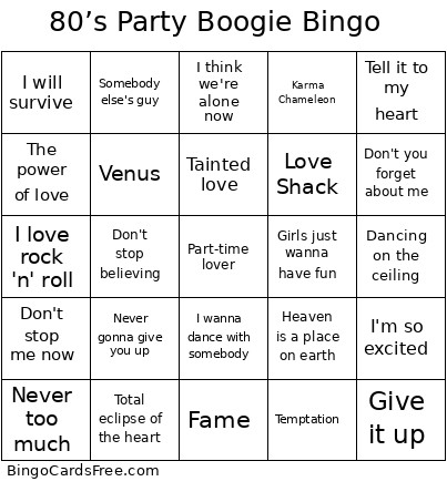80’s Party Boogie Bingo Card