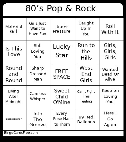 80’s Pop & Rock Bingo Card