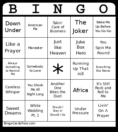 80’s Rock Bingo Card