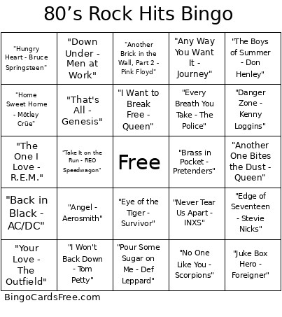 80’s Rock Hits Bingo Card
