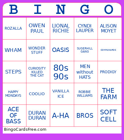 80S 90S Bingo Card