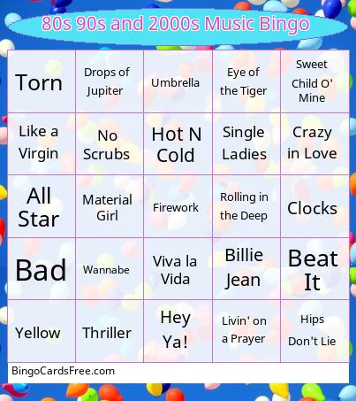 80s 90s and 2000s Music Bingo Cards Free Pdf Printable Game, Title: 80s 90s and 2000s Music Bingo