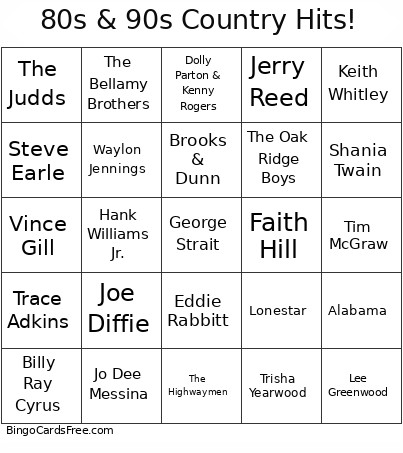 80s & 90s Country Hits! Bingo Card