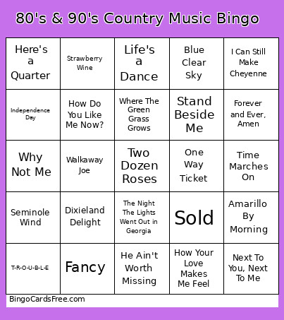 80's & 90's Country Music Bingo Card