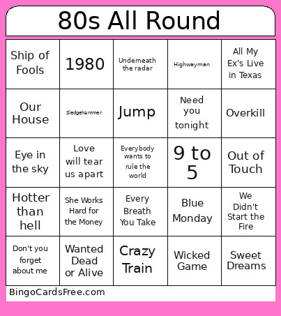 80s All Round Bingo Card
