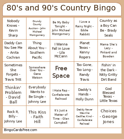 80's And 90's Country Bingo Card