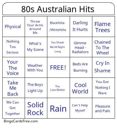 80s Australian Hits Bingo