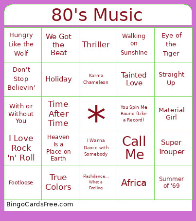 80's Bingo Card