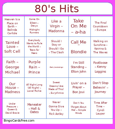 80's Bingo Card