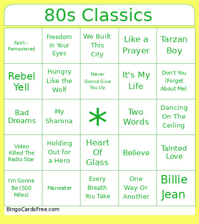 80s Classics Bingo Card