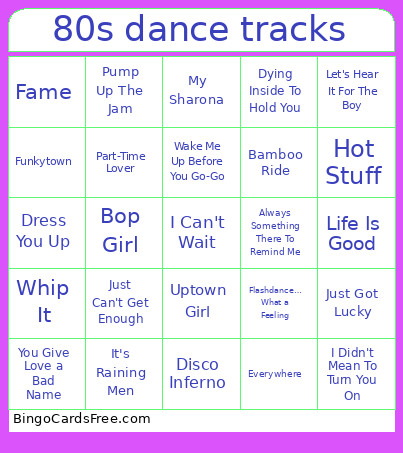 80s Dance Tracks Bingo Card