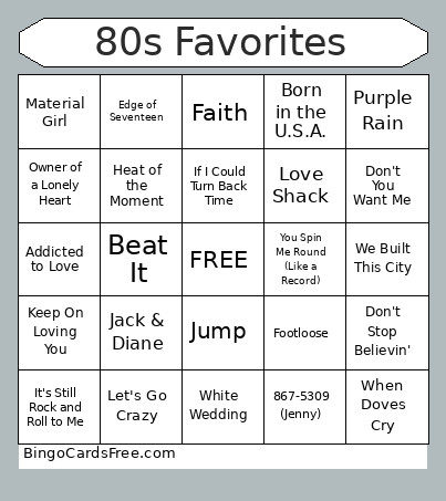 80s Favorites Bingo Card