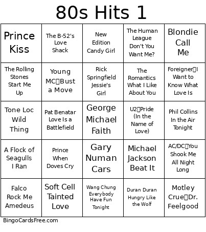 80s Hits 1 Bingo Card