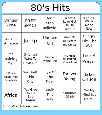 80's Hits Bingo Card