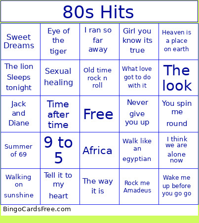 80s Hits Bingo Card