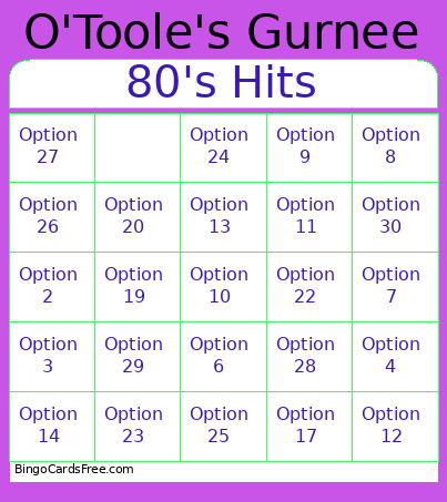 80's Hits Bingo Card