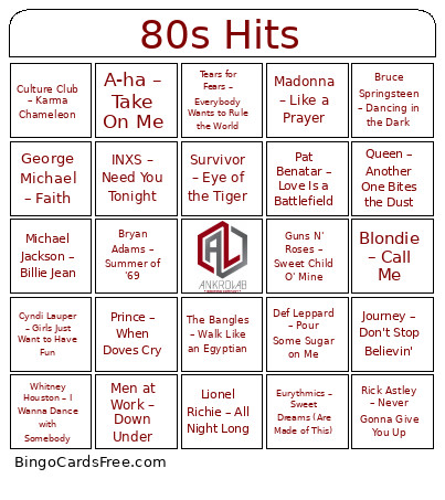 80s Hits Bingo Card