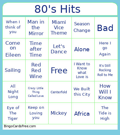 80's Hits Bingo Card