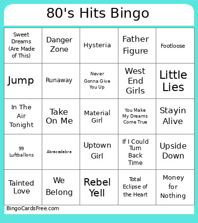 80's Hits Bingo Card