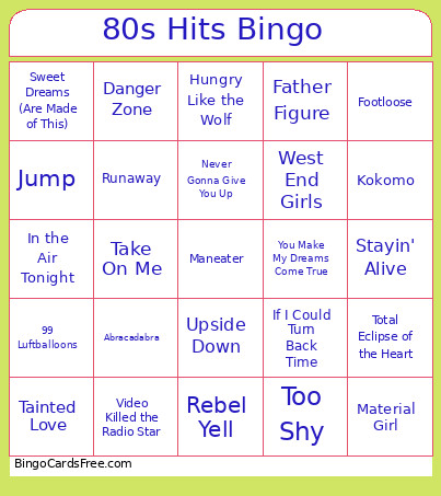 80s Hits Refreshed Bingo Card