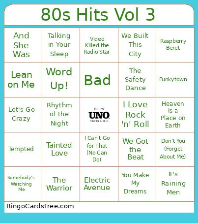 80s Hits Vol 3 Bingo Card