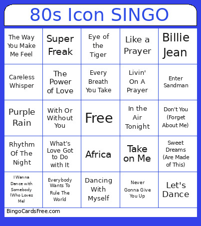 80s Icon SINGO Bingo Card