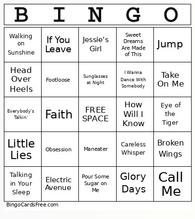 80s List 3 Bingo Card