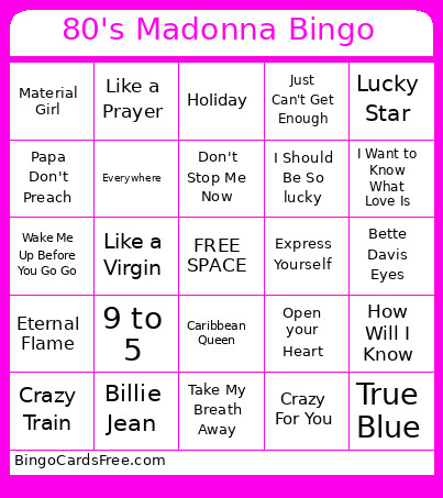 80's Madonna Bingo Card