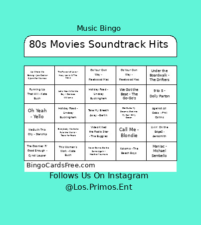 80s Movies Soundtrack Hits Bingo Card