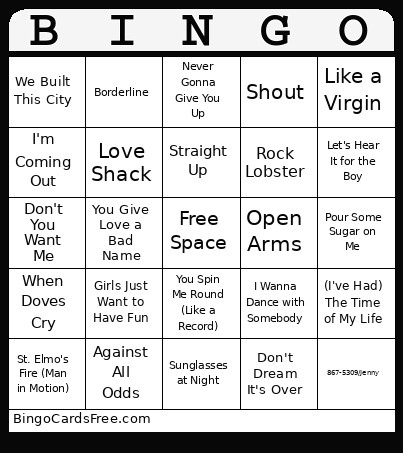 80s Music Bingo Card