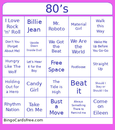 80s Music Bingo Card